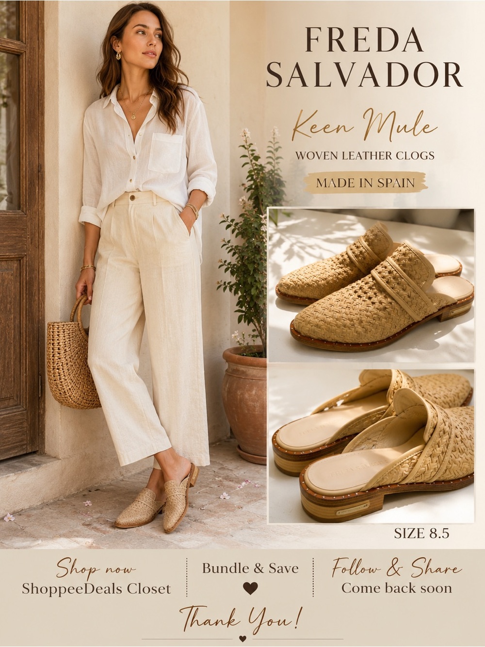 FREDA SALVADOR Keen Woven Leather Mule Clogs – Nude Beige – Women’s Size 8.5